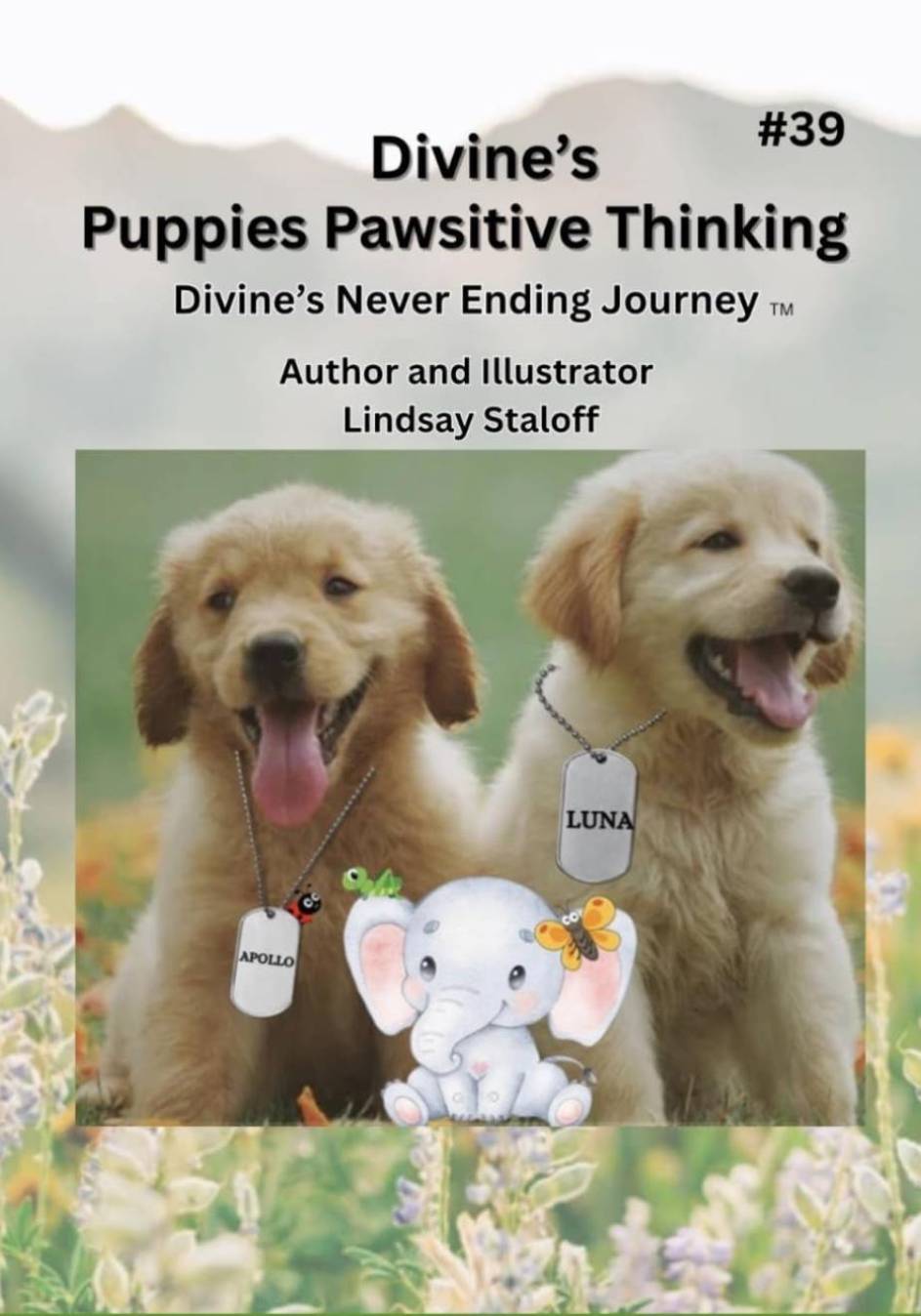 Two golden retriever puppies with cartoon elephant